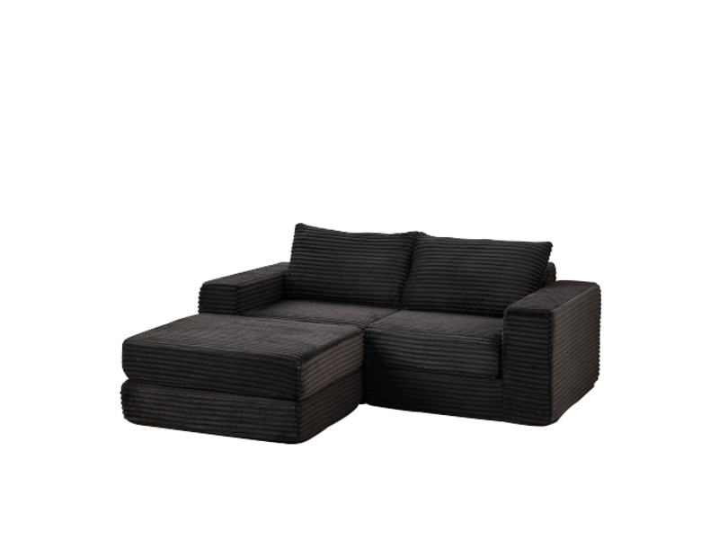 Canapé convertible 2 places en velours côtelé avec repose-pieds amovible, design modulable, coussins inclus et fonction lit - noir - Conforama A