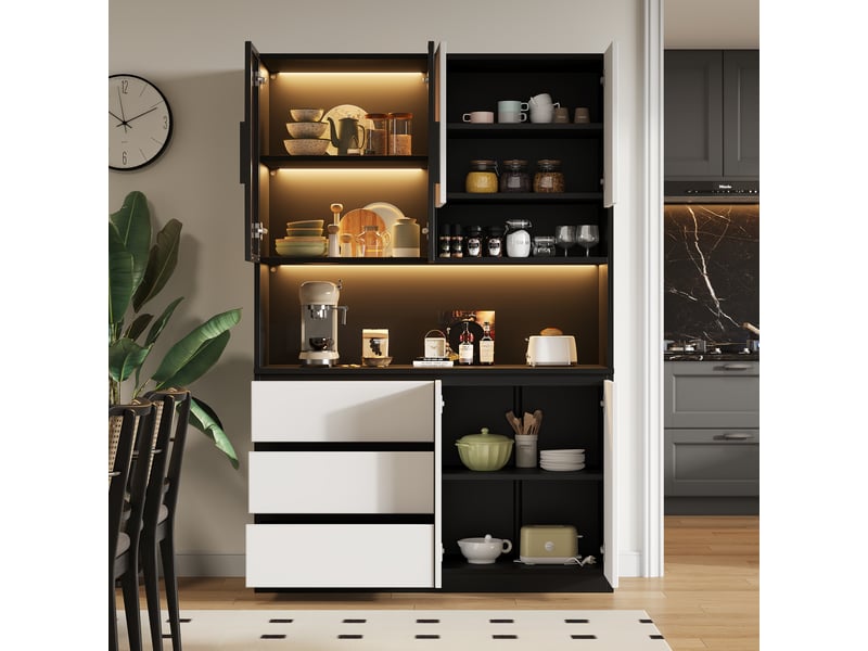  Buffet de cuisine 120,5x40x180 cm en aggloméré et verre, 6 portes, 3 tiroirs, niche pour micro-ondes et éclairage led  - Conforama B
