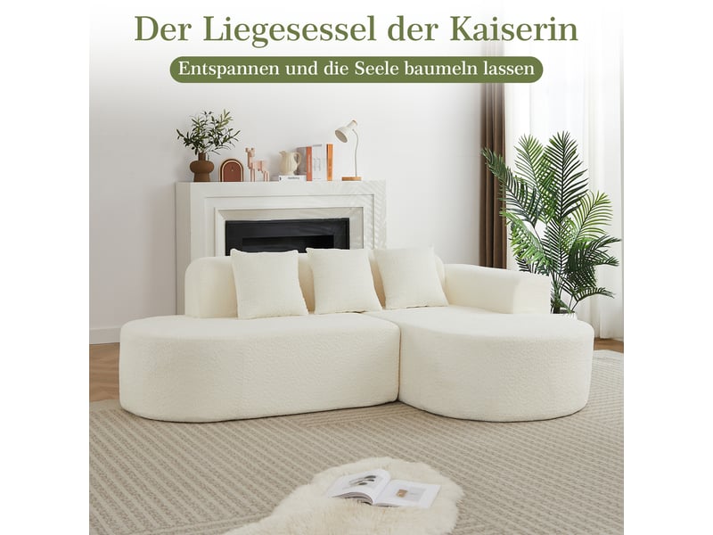 Canapé d’angle en l 3 places 222x157x73 cm avec méridienne droite, formes arrondies style wabi-sabi, 3 coussins dossier, chenille beige - Conforama E