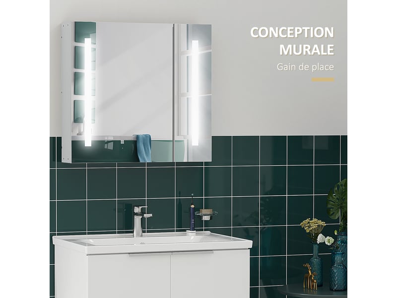  Armoire murale miroir lumineux led salle de bain 2 portes avec 3 niveaux blanc 70 x 15 x 65 cm  - Conforama D