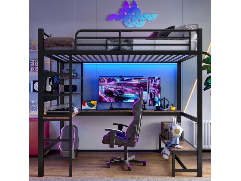  Lit mezzanine 90 x 200 cm avec bureau, led, usb-c, étagères et panneau perforé, noir  - Conforama D