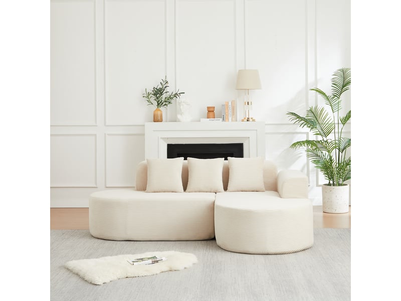  Canapé d’angle en l en velours côtelé doux – dossier galbé et 3 coussins inclus, 70×220×155 cm, beige  - Conforama D