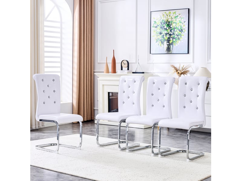  Chaise de salle à manger lot de 2 avec dossier ergonomique et boutons en cristal en pvc blanc et métal chromé  - Conforama D