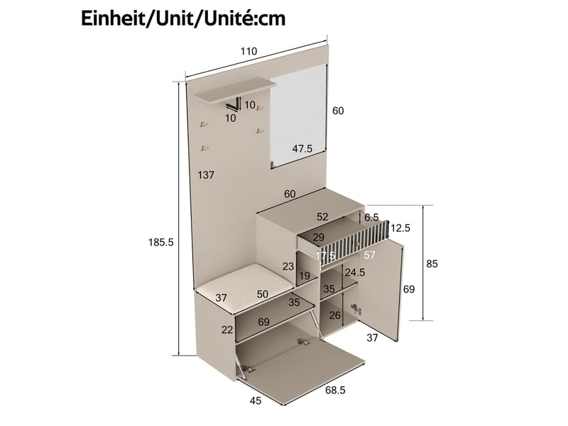  Meuble d'entrée avec miroir, assise rembourrée, crochets et étagères réglables en mdf beige crème 110 × 37 × 185,5 cm  - Conforama E