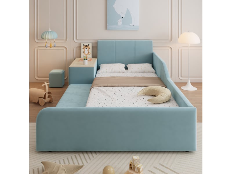  Lit enfant 90 x 200 cm avec bureau latéral, tabouret, rangement et velours bleu  - Conforama D