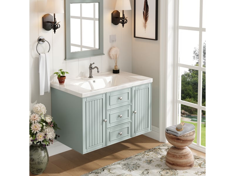  Meuble sous lavabo suspendu avec vasque céramique et 3 tiroirs - lpospi - rangement mdf vert 78,5 × 46 × 46,8 cm  - Conforama C