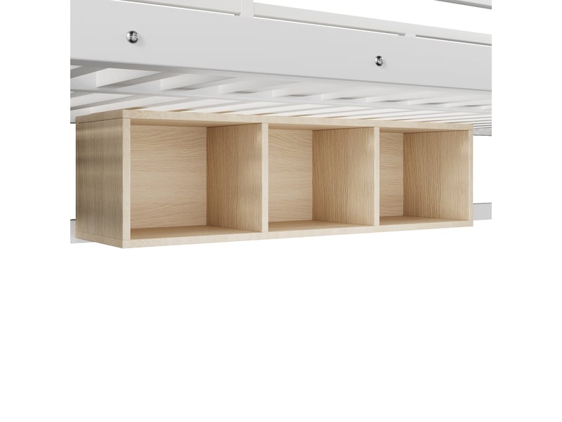  Lit superposé 90 × 200 cm, métal et mdf, led avec application, escalier, 3 niches et barrières, sans matelas, blanc  - Conforama E