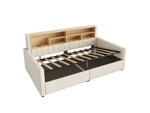 Lit coffre hydraulique 90x200 cm avec rangement, tête de lit avec étagère, led multicolore, usb-c, usb et prise intégrée - lin beige