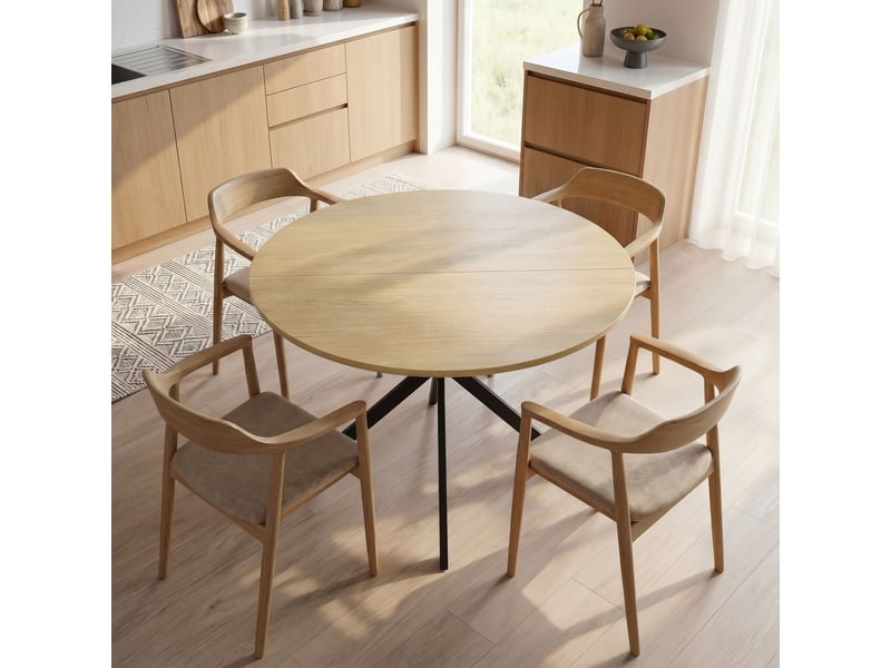  Table à manger ronde pour 4 personnes 100 cm, piètement croisé en acier chêne, style industriel avec plateau aspect bois  - Conforama D