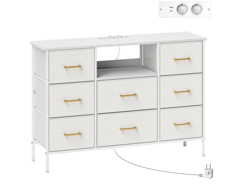  Commode de rangement 110x30x76 cm – blanc crème – 8 tiroirs en tissu, prises intégrées et cadre en acier  - Conforama D