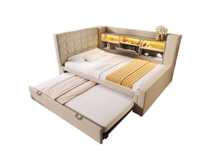 Lit banquette 90x200 cm, lit gigogne 90x190 cm en lin beige, lit capitonné avec éclairage led & ports usb pour chambre d'amis et enfants