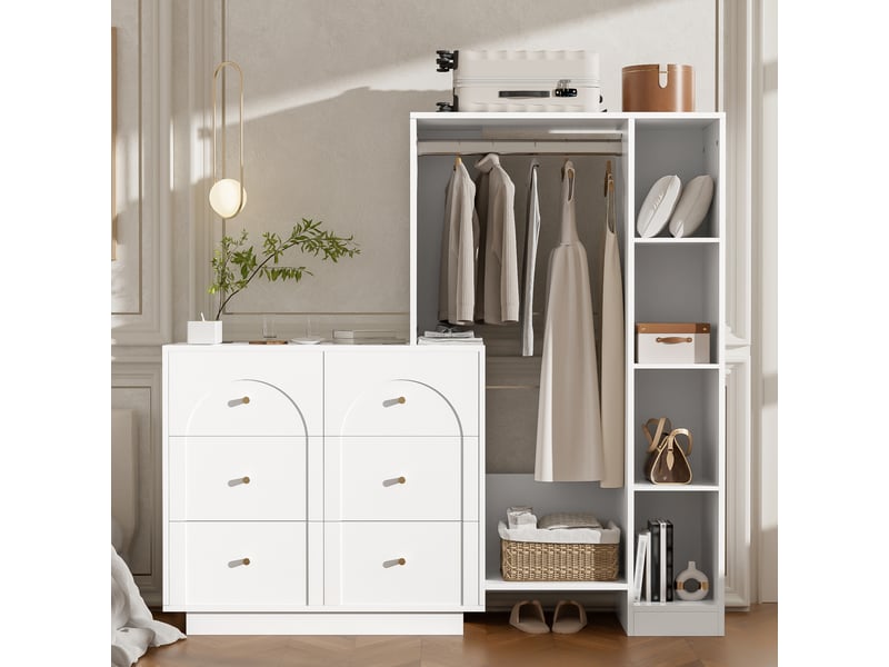  Armoire ouverte 139x35x133 cm avec penderie, 6 tiroirs et rangements blancs  - Conforama B