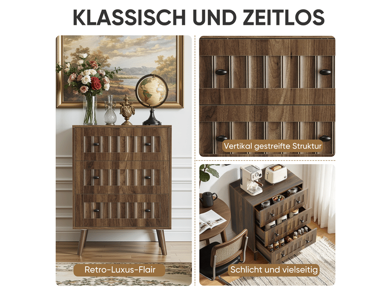  Commode moderne avec 3 tiroirs 60x40x79 cm, meuble de salon, armoire de rangement, poignées métal, mdf, couleur noyer  - Conforama E