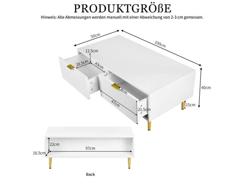  Table basse rectangulaire blanc avec 2 tiroirs - 50x110 cm mdf table basse blanc - Conforama C