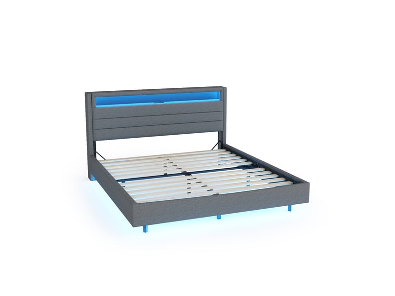  Lit coffre gris avec éclairage led, usb, tête pivotante et espace de rangement pour chambre moderne  - Conforama A
