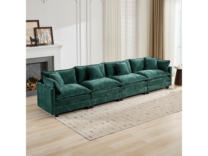  Canapé droit modulable 4 places 380 × 75 × 84 cm en chenille vert, coussins rembourrés IKSETERA TRADING LTD - Conforama B