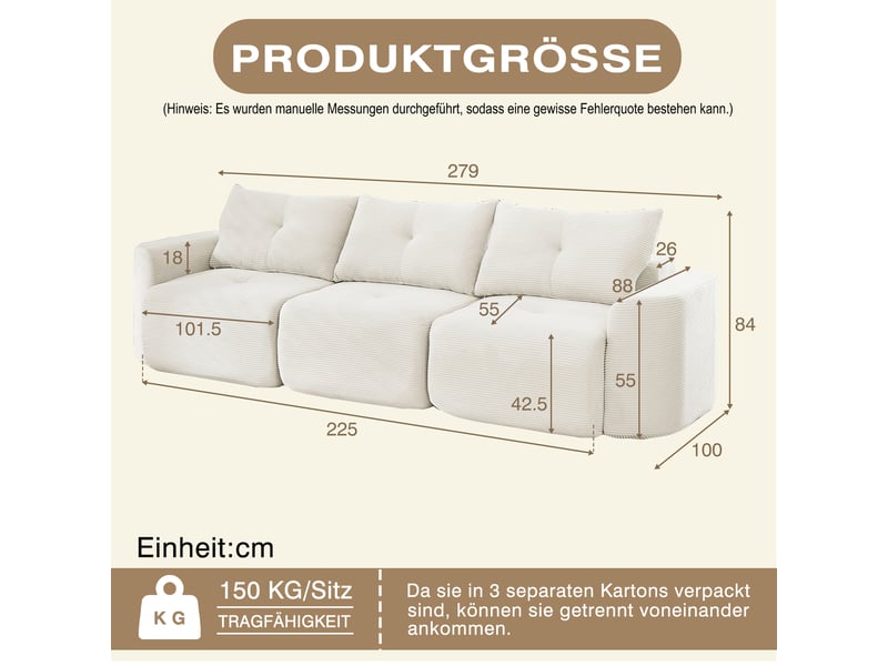  Canapé modulable compression 3 places,velours côtelé,279x100x84cm,configuration 2+1 avec assise amovible,sans montage,beige  - Conforama C