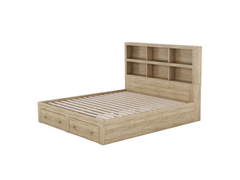  Lit enfant 160x200 cm, tête de lit de rangement et 2 tiroirs, en bois, naturel, sans matelas  - Conforama C
