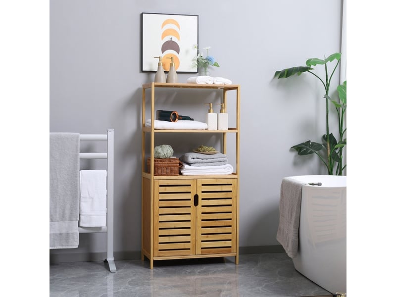  Meuble de salle de bain en bambou avec portes à lattes, étagère et finition bois naturel  - Conforama B