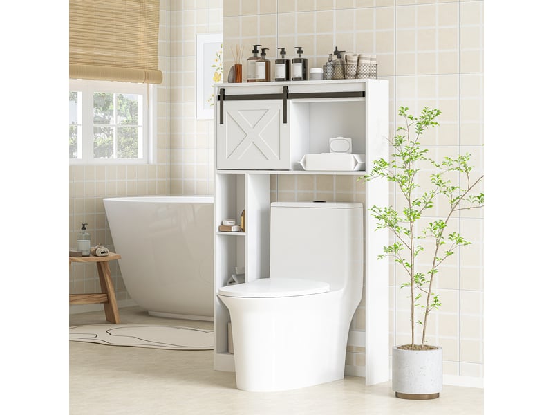  Meuble de rangement au-dessus des toilettes avec porte coulissante, meuble étagère dessus wc, étagère réglable, blanc  - Conforama C