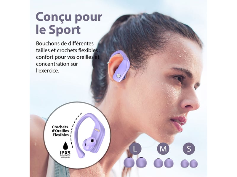  Ecouteurs sans fil sport bluetooth 5.1 violet intra-auriculaires avec micro et boîtier de charge  - Conforama E