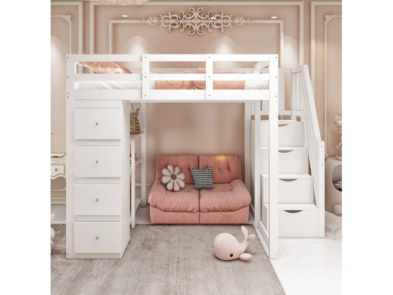  Lit mezzanine 140x200cm, li enfant avec 4 tiroirs, étagères, escalier, espace de rangement et sommier, pin+mdf blanc, sans matelas  - Conforama D