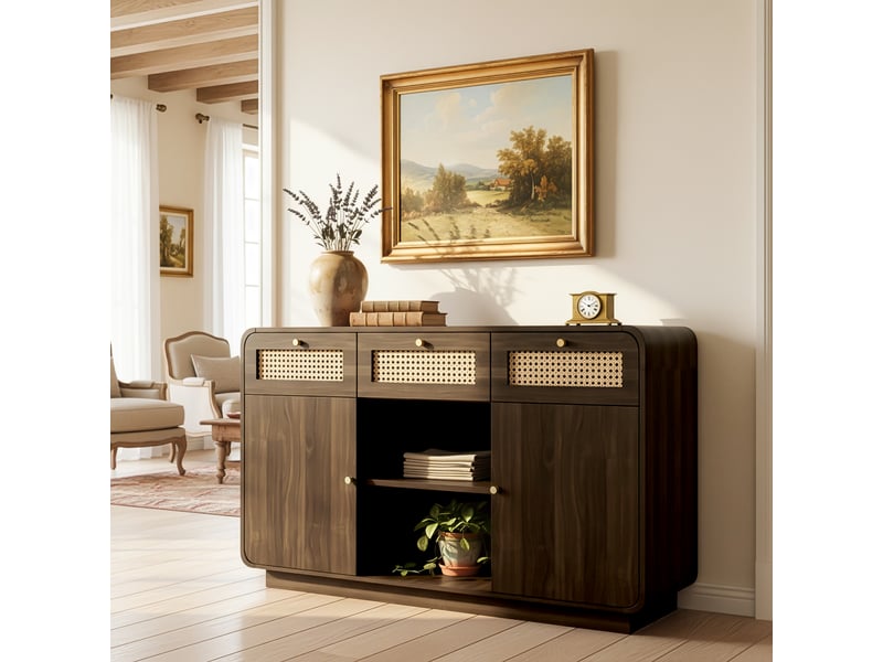  Buffet noyer 120 × 40 × 85 cm, rotin, 3 tiroirs et 2 portes IKSETERA TRADING LTD - Conforama B