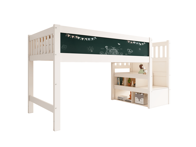  Lit superposé 90x200 cm - escalier avec rangement &amp; tableau - lit superposé enfant - bois massif blanc - sommier inclus - design  - Conforama B
