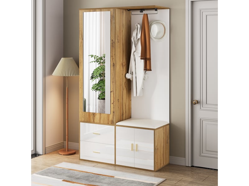  Vestiaire d'entrée avec miroir banc à chaussures et tringle 100 x 38 x 180 cm WF249235236N - Conforama D