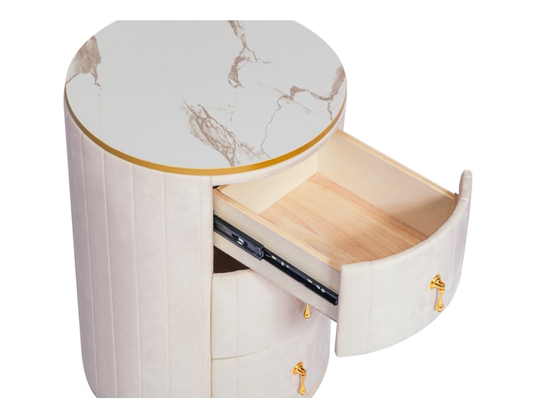 Table de chevet ronde 3 tiroirs, 40 x 40 x 52,5 cm– velours blanc, plateau effet marbre et poignées dorées - Conforama E
