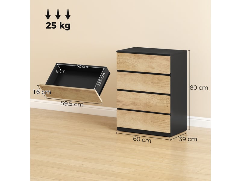  Commode à 4 tiroirs, idéale pour le salon, la salle à manger et l'entrée, coloris noir et chêne.  - Conforama E