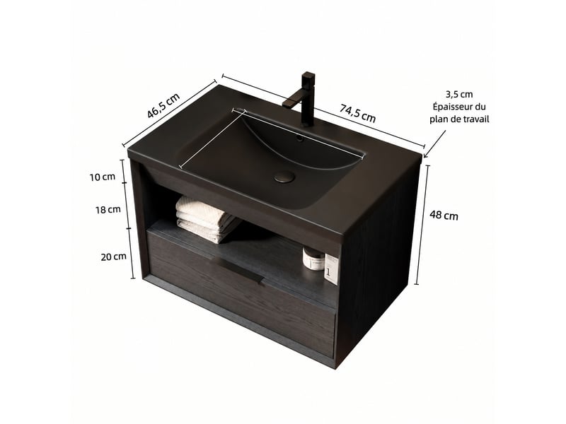  Meuble vasque suspendu 75 cm, vasque noire intégrée, tiroir, étagère, préassemblé, noir bois foncé  - Conforama C