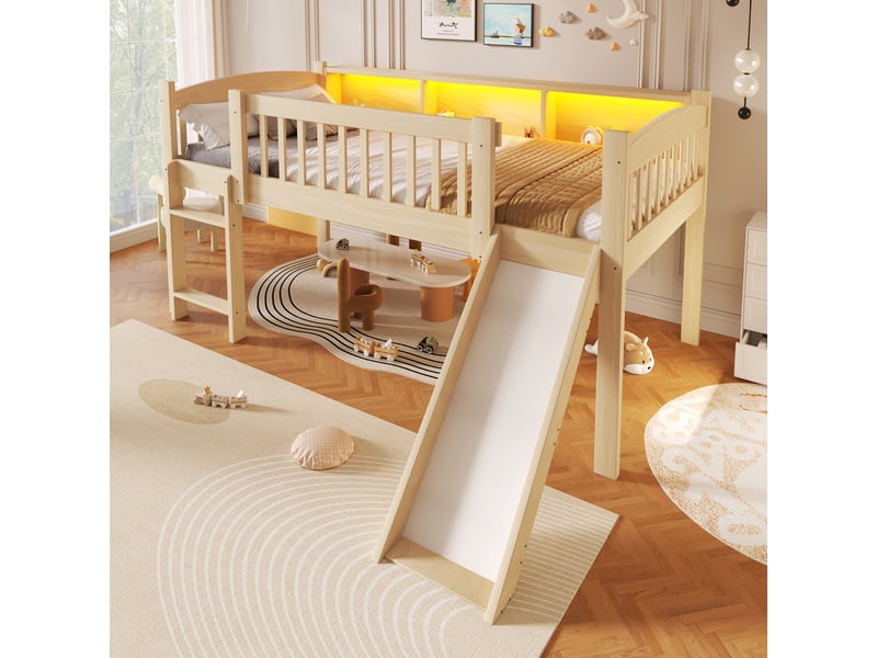  Lit mezzanine enfant 90x200 cm avec 3 rangements, led bluetooth, station usb et toboggan en bois - naturel  - Conforama D