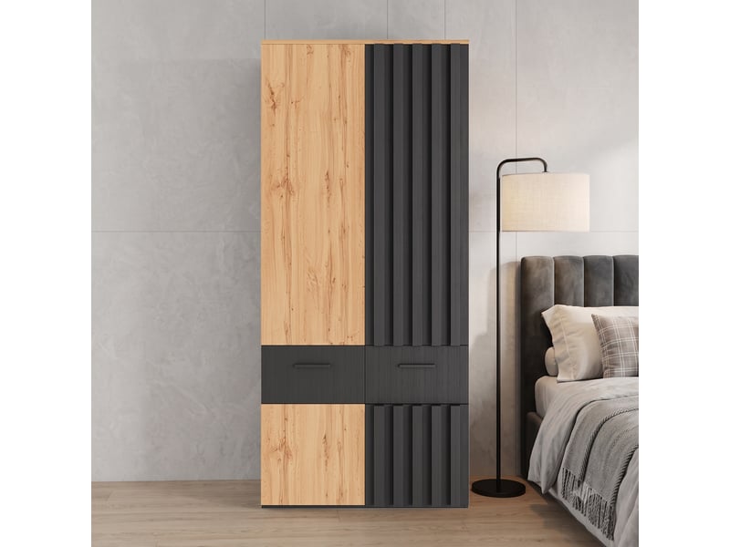  Armoire chambre 90x50x200 cm, penderie avec tringle et tiroirs, meuble de rangement pour dressing, en bois mdf, noir et bois  - Conforama B