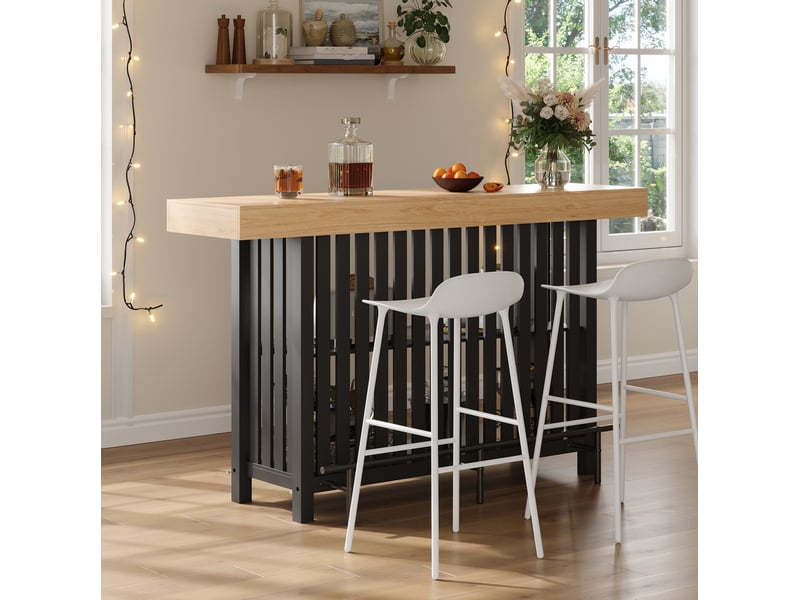  Table de bar 160x40x105 cm avec repose-pieds et rangement à 2 niveaux en mdf couleur noir et bois, confort optimal  - Conforama D
