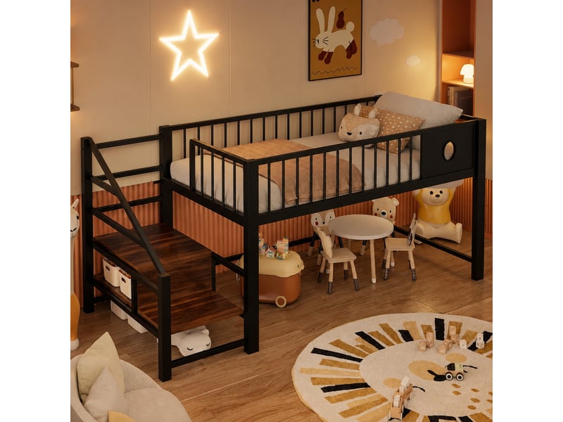  Lit mezzanine bas enfant 90x200 cm avec escalier de rangement, métal noir  - Conforama D