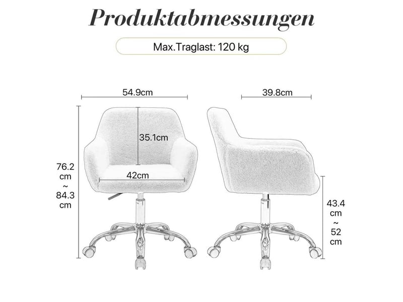  Chaise de bureau pivotante réglable en hauteur avec accoudoirs et roulettes en fausse fourrure blanche  - Conforama C