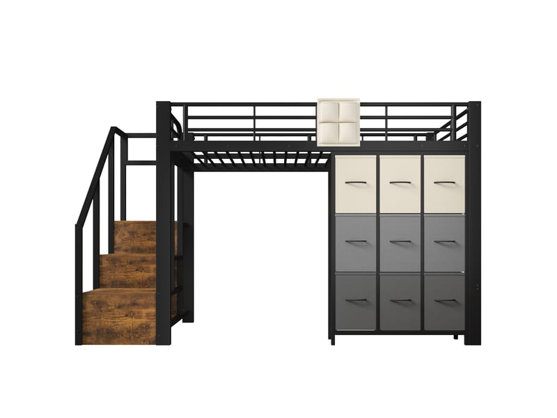  Lit mezzanine métal 140x200 cm noir avec tiroirs, penderie et escalier rangement  - Conforama A