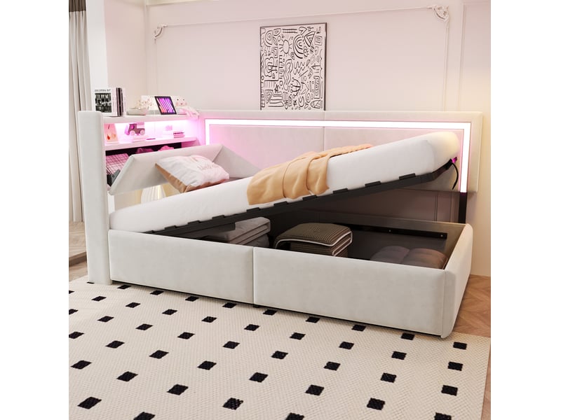  Lit coffre enfant simple 90x200cm, led et ports usb, tête de lit avec espace de rangement, velours, beige, sans matelas  - Conforama D