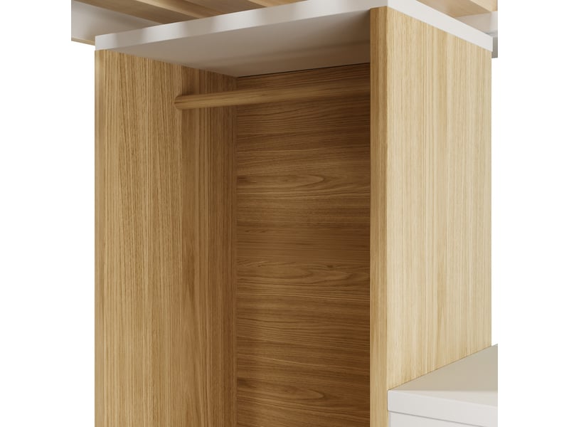  Lit mezzanine, 140 x 200 cm, avec étagère à 4 niveaux, bureau en forme de l sous le lit et armoirecompartiments, coloris blanc et naturel  - Conforama E