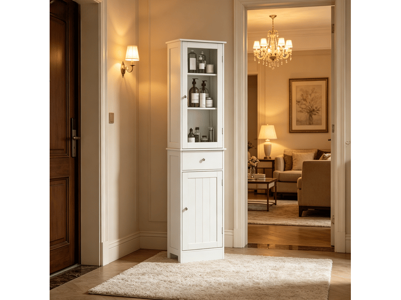  Armoire de salle de bain moderne avec 2 portes 1 tiroir et 3 étagères, surface résistante à l'eau blanche  - Conforama E