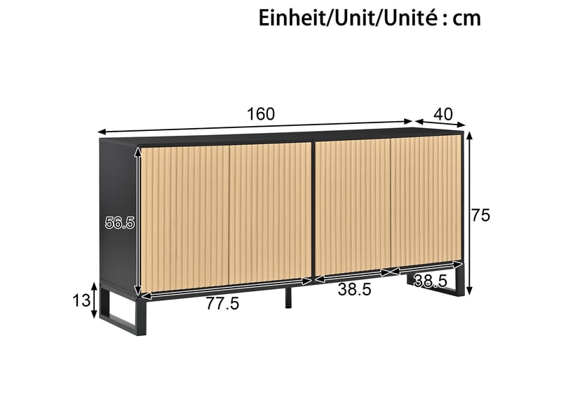  Buffet bas 160x40x75 cm, meuble à chaussures 4 portes, étagères réglables, façade rainurée 3d, mdf et panneaux de particules, naturel et noir OMNIGLINT TRADING LTD - Conforama C