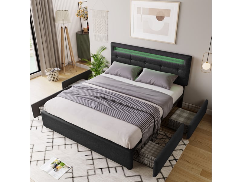  Lit double rembourré 140x200 cm noir avec sommier à lattes, led, tête réglable, 4 tiroirs  - Conforama E