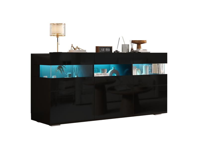  Buffet de salon 140x40,5x66,5 cm, 3 portes, 7 étagères, éclairage led, panneau de particules, finition brillante, noir  - Conforama A