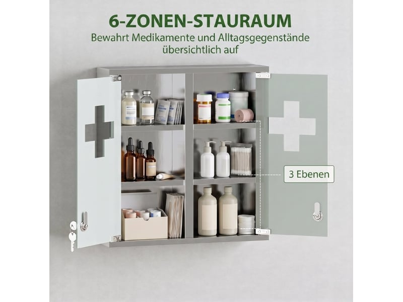 Armoire à pharmacie murale verrouillable en acier inoxydable argenté, 6 espaces de rangement sécurisés  - Conforama D