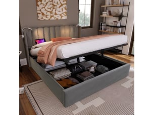 Lit coffre 2 places 140x200 cm gris, coffre, usb et liseuses