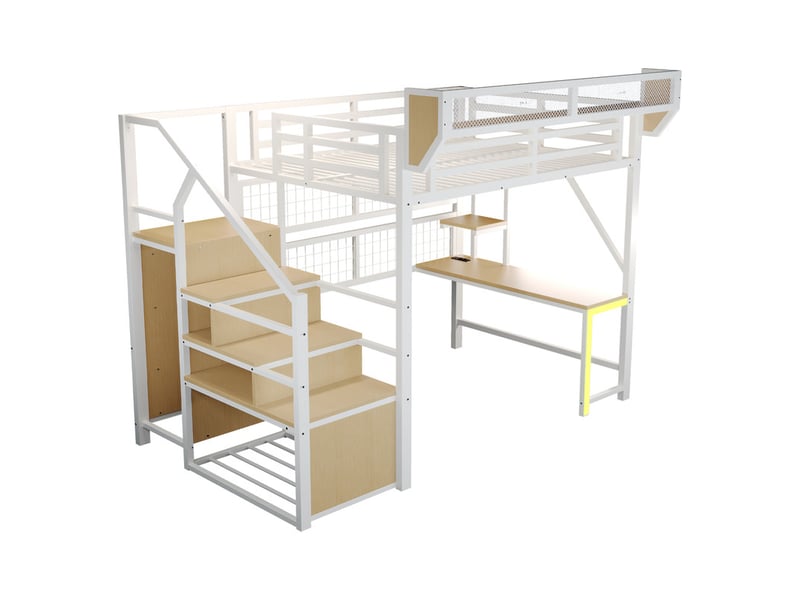 Lit mezzanine en métal 140 x 200 cm - avec bureau - avec échelle de sécurité - avec éclairage led - avec prise électrique - blanc (matelas non inclus)  - Conforama W