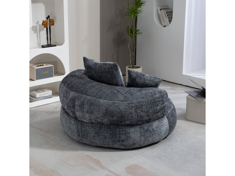  Fauteuil pouf en chenille, avec dossier haut et accoudoirs, assise large pour détente et jeux, gris  - Conforama D