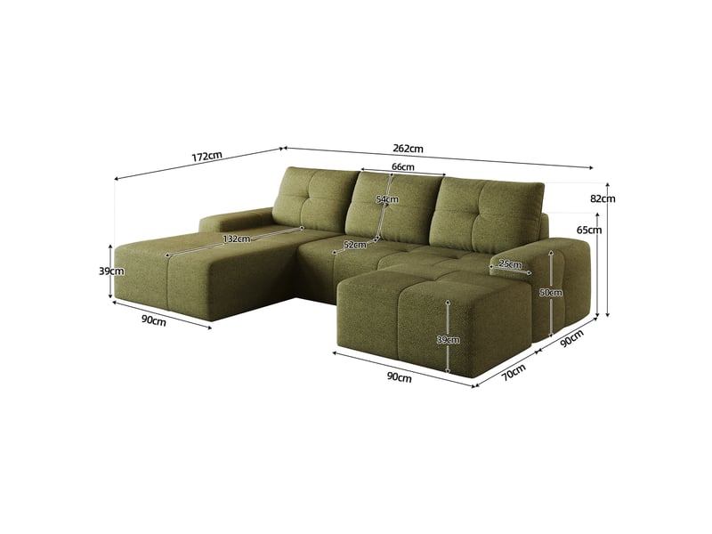 Canapé d’angle 4 places avec ottomane en tissu vert olive, 262x172x82 cm - Conforama C