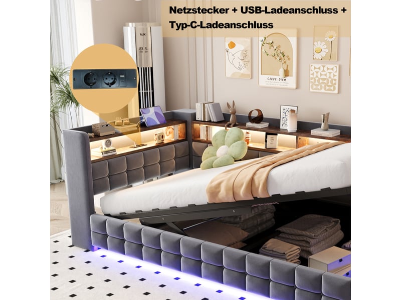Lit canapé velours gris foncé 90x200 cm avec rangement hydraulique, led, usb et étagère - Conforama D